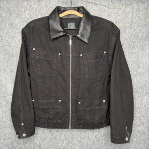 Liz Wear‎ Vintage Women's Black Jean Jacket with Leather Collar- Sz L